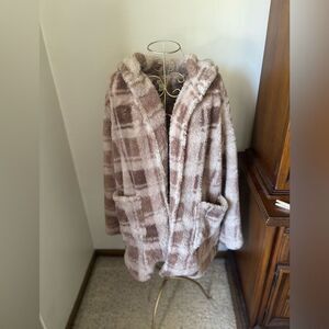 Poppy & Whimsey plus size mauve plaid fleece open hooded jacket pockets size 1x